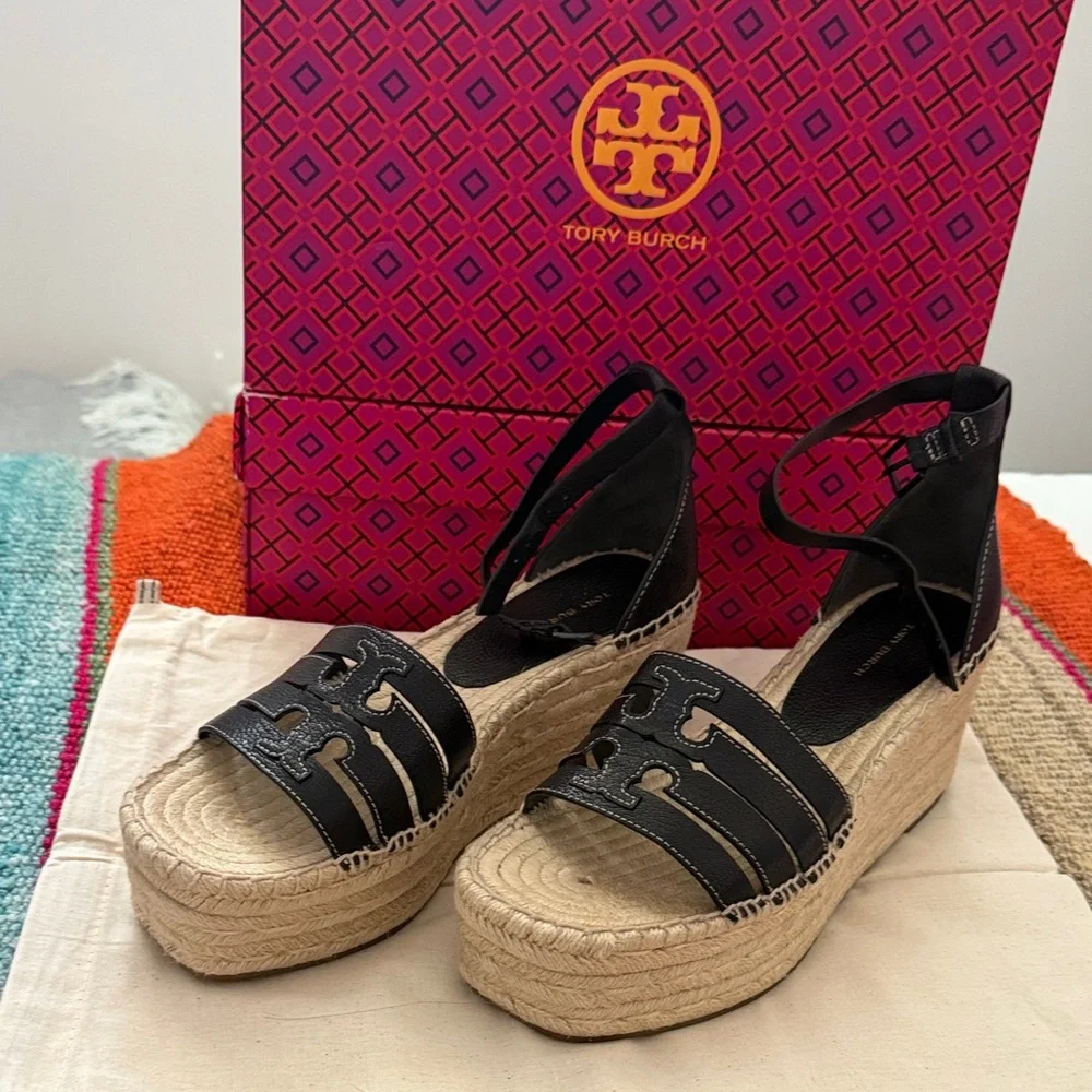 Tory Burch Black and Tan Ines Wedge Espadrille Sandals
